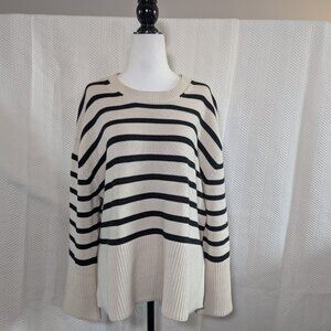 Gap 24/7 Split-Hem Crewneck Sweater Black + Off-White Stripe Coastal Minimalist
